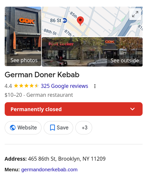 Google listing for German Doner Kebab at 465 86th Street, Brooklyn, marked permanently closed