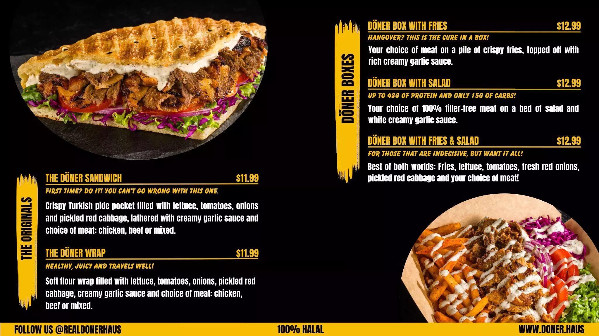 An in-store menu board listing the sandwich, the wrap, the box and loaded fries, with a 100% halal line at the foot